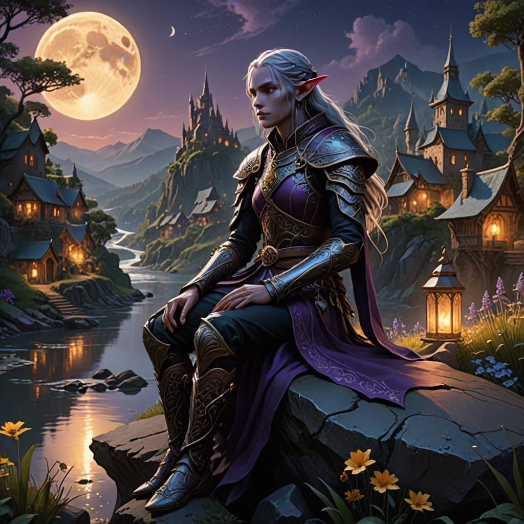 Mystical Drow Elf Surveys Serene Village at Moon Rise