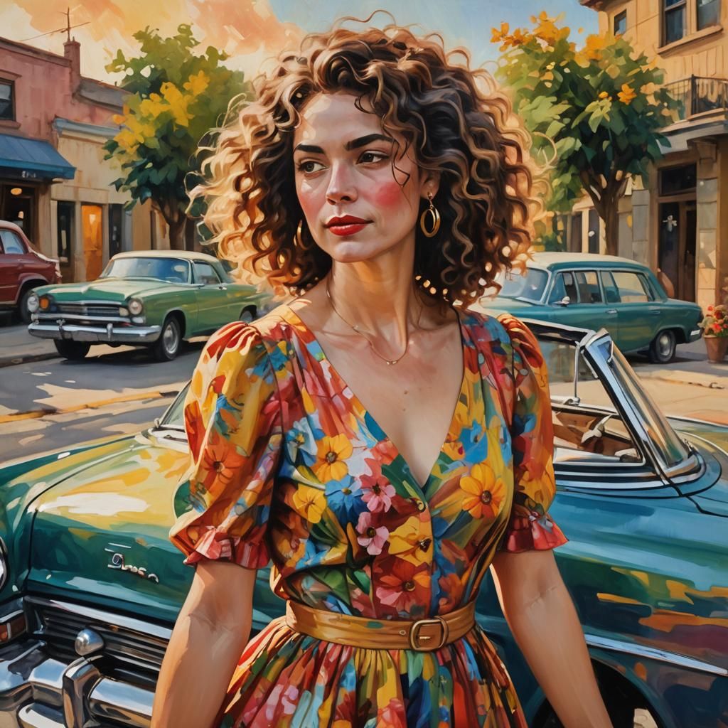 Gloria in Floral Dress: Vibrant Oil Painting Portrait