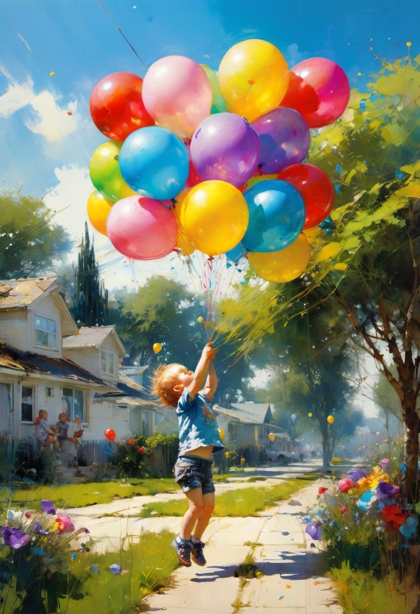 Toddler with Balloons in Summer Scene