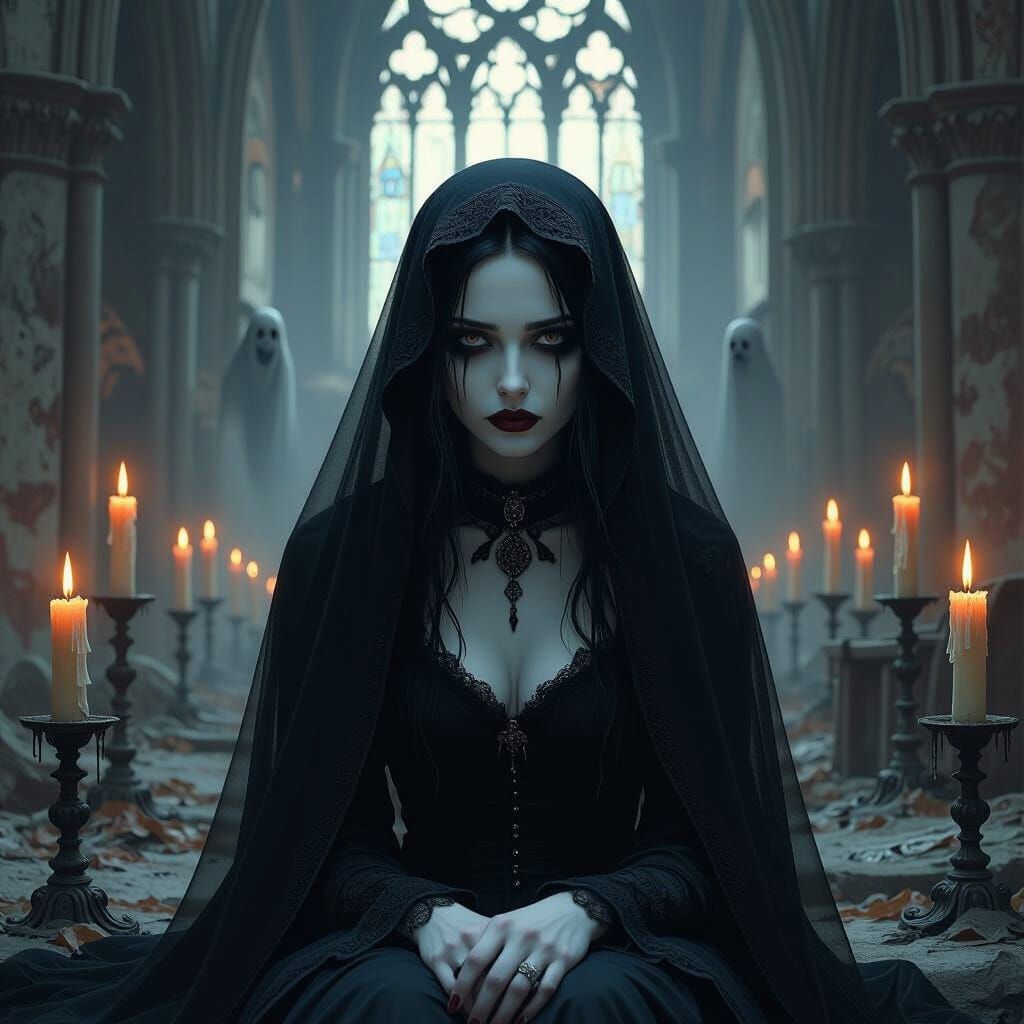 Melancholic Goth Woman in Dilapidated Cathedral