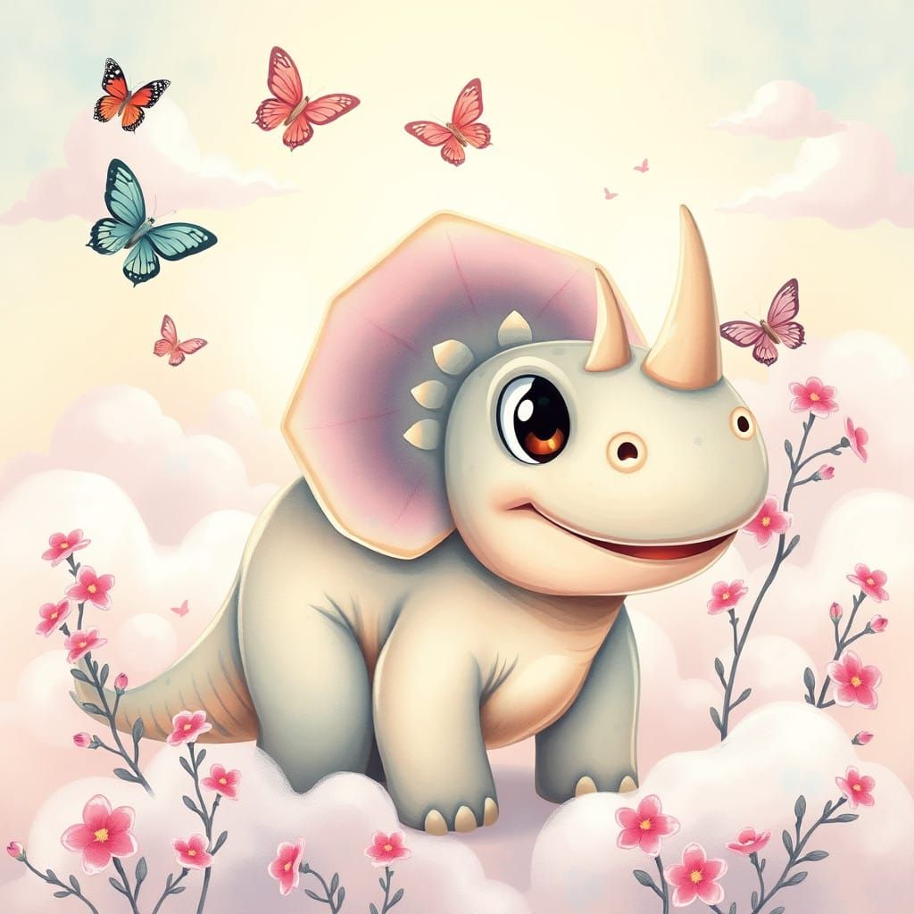 Whimsical Kawaii Dinosaur Scene in Vibrant Pastels