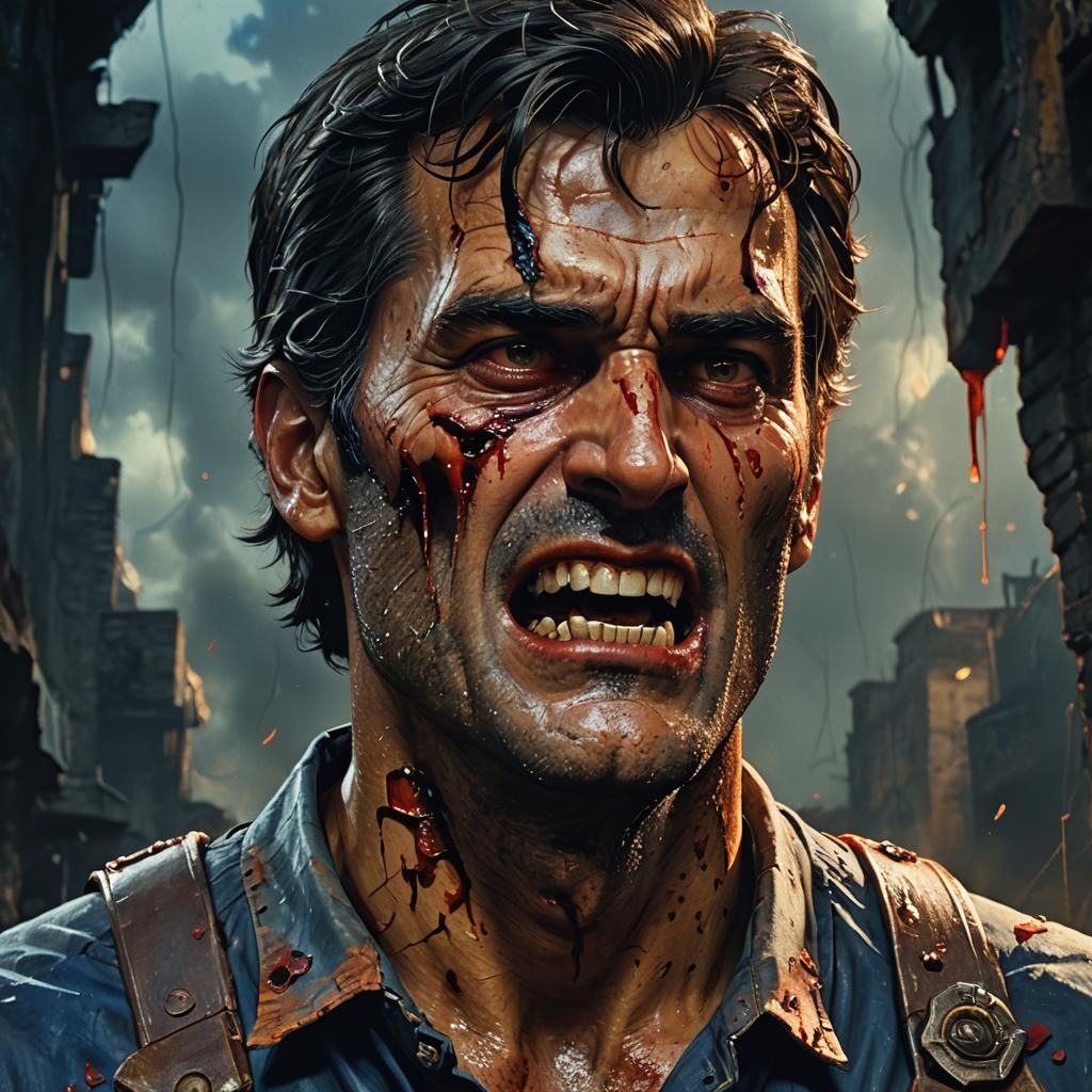 Ash Williams Zombie Portrait in Dark Fantasy Style
