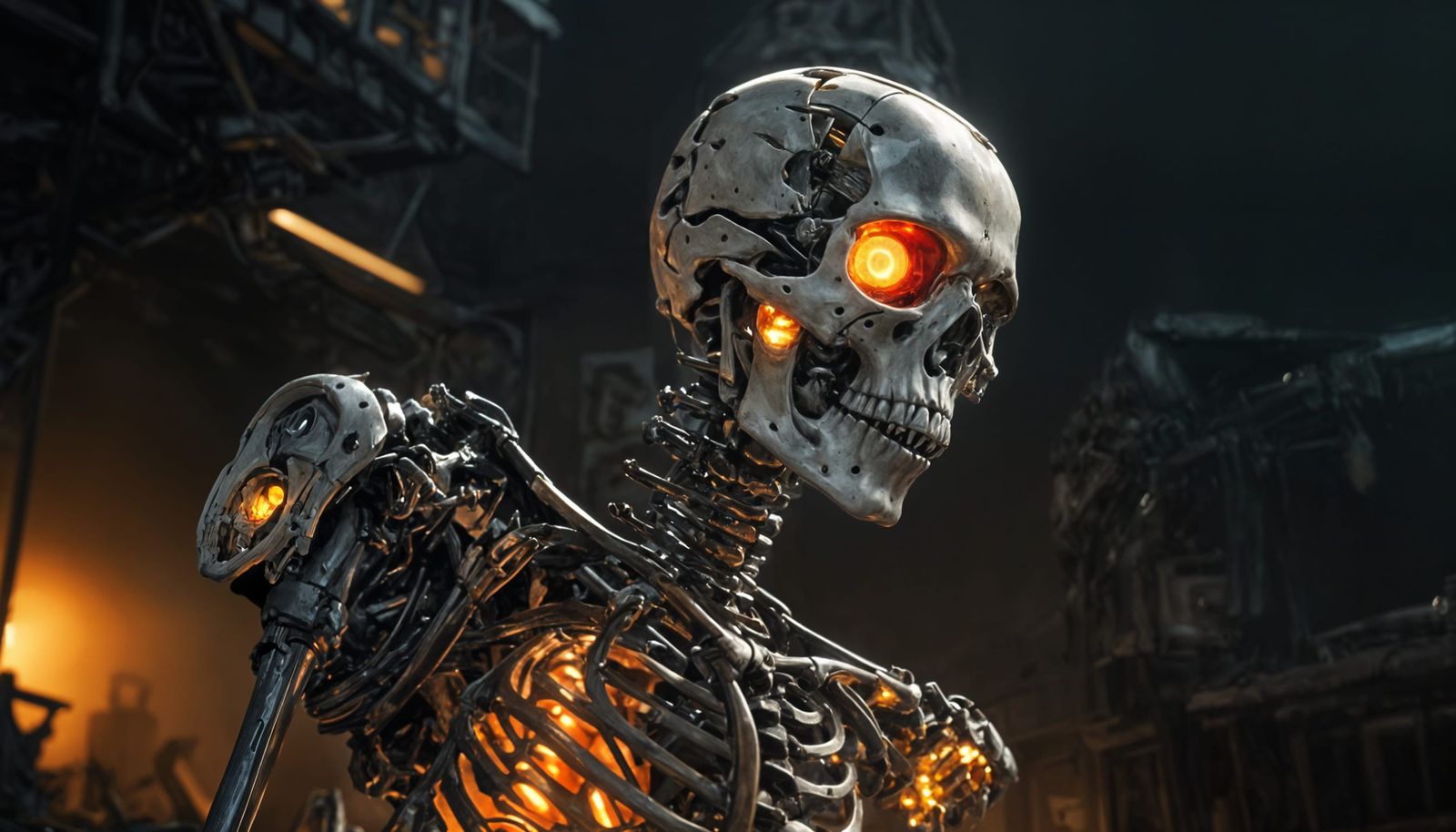 Fierce Cyborg Skeleton Roams Wasteland in Dark Academia Styl...