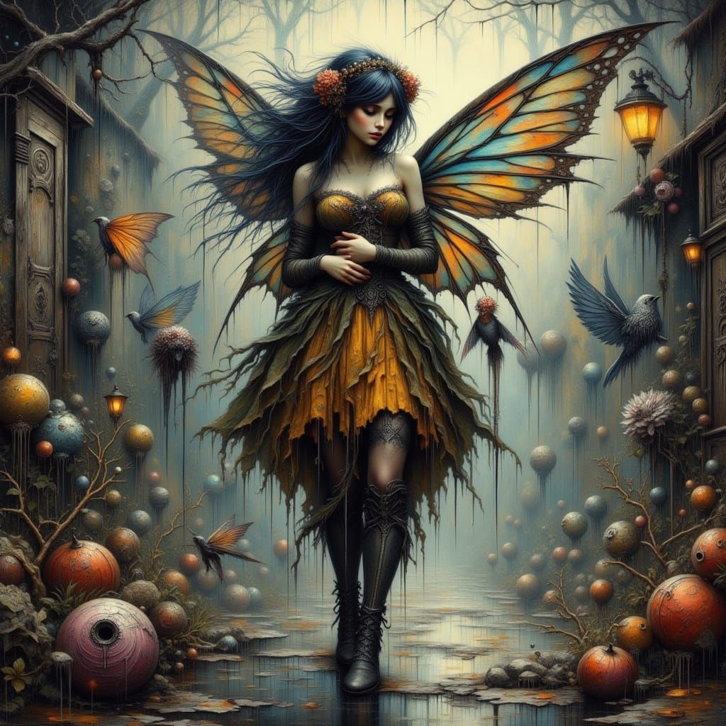 Grunge Street Fairy Dancing in the Rain