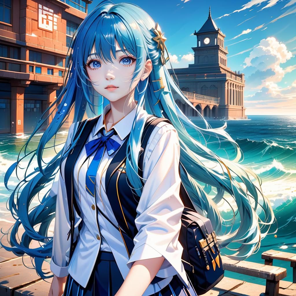 Anime Girl in School Uniform at the Sea
