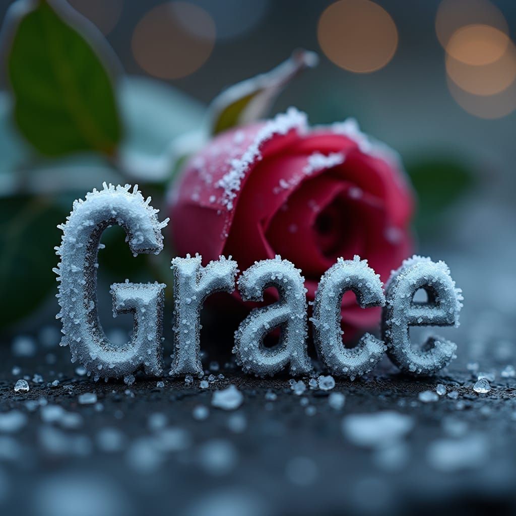 Ethereal Silver Name Art on Dark Icy Surface with Frosty Ros...