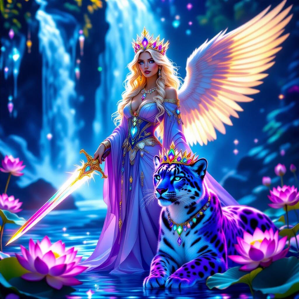 Angelic Figure with Jeweled Snow Leopard