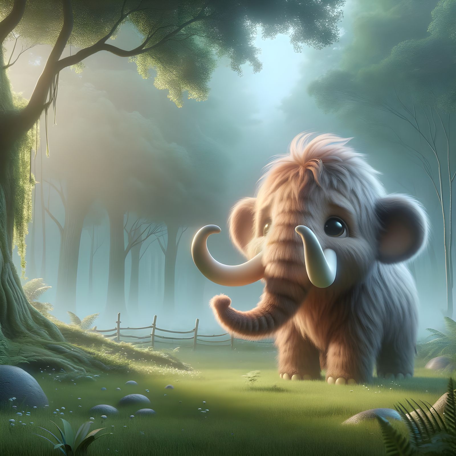 Cute Baby Mammoth in Forest Meadow, 3D Digital Art