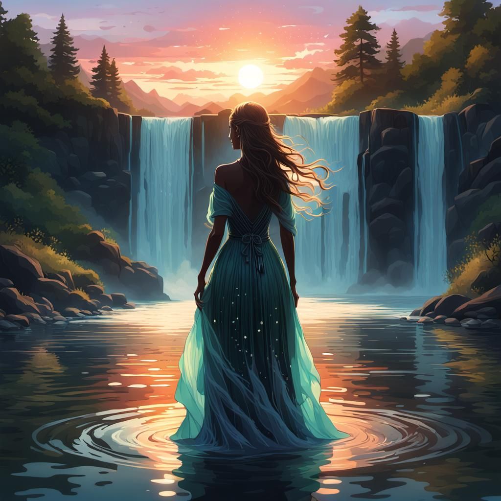 Woman in Luminous Dress at Sunset