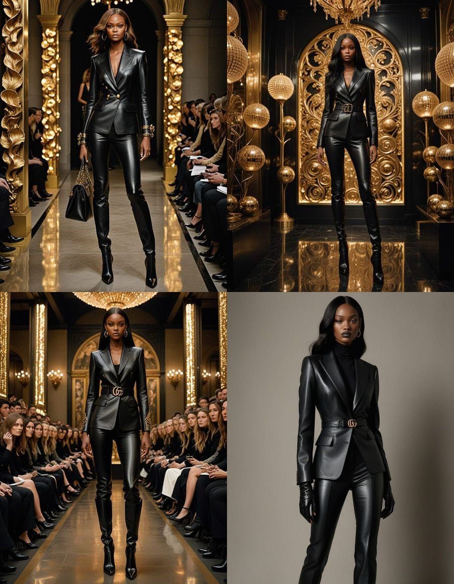 Elegant Ebony Model Struts Fashion Show Runway in Luxury Hau...