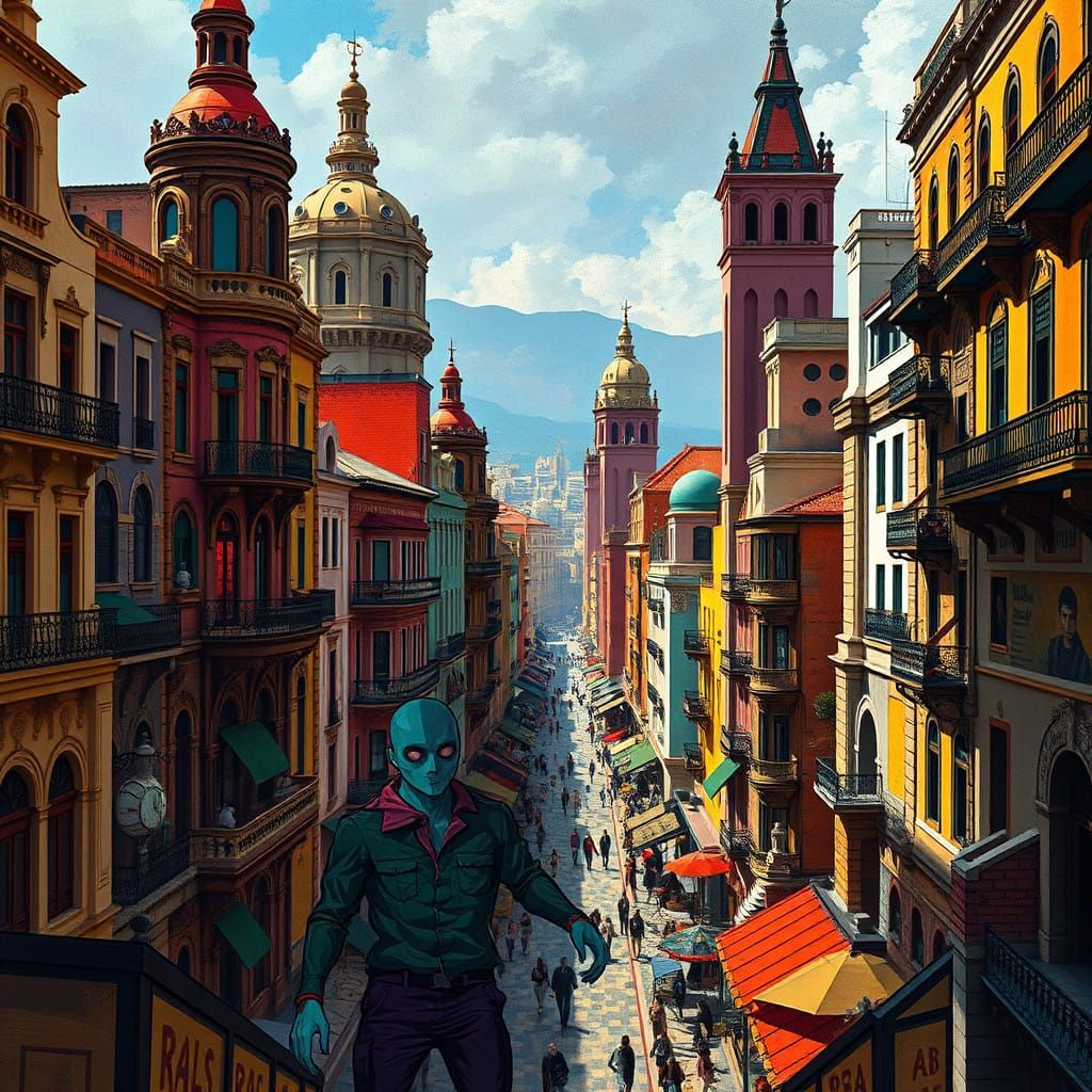 Decadent Cataluña Cityscape in Neo-Cubist Style