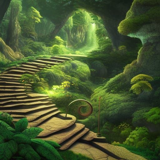 Solarpunk Village with Overgrown Staircase, Detailed Concept...