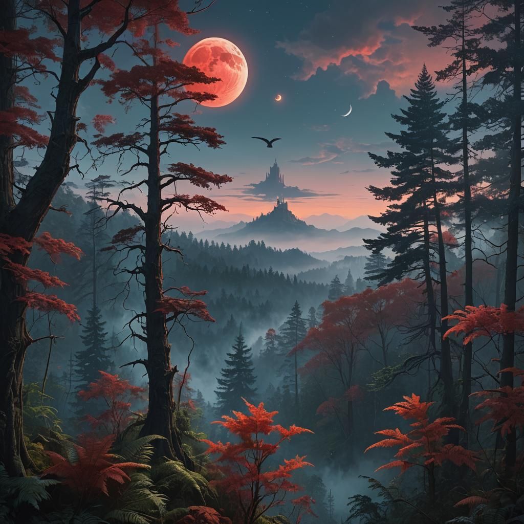 Scarlet Moon Over Misty Forest: Digital Matte Painting
