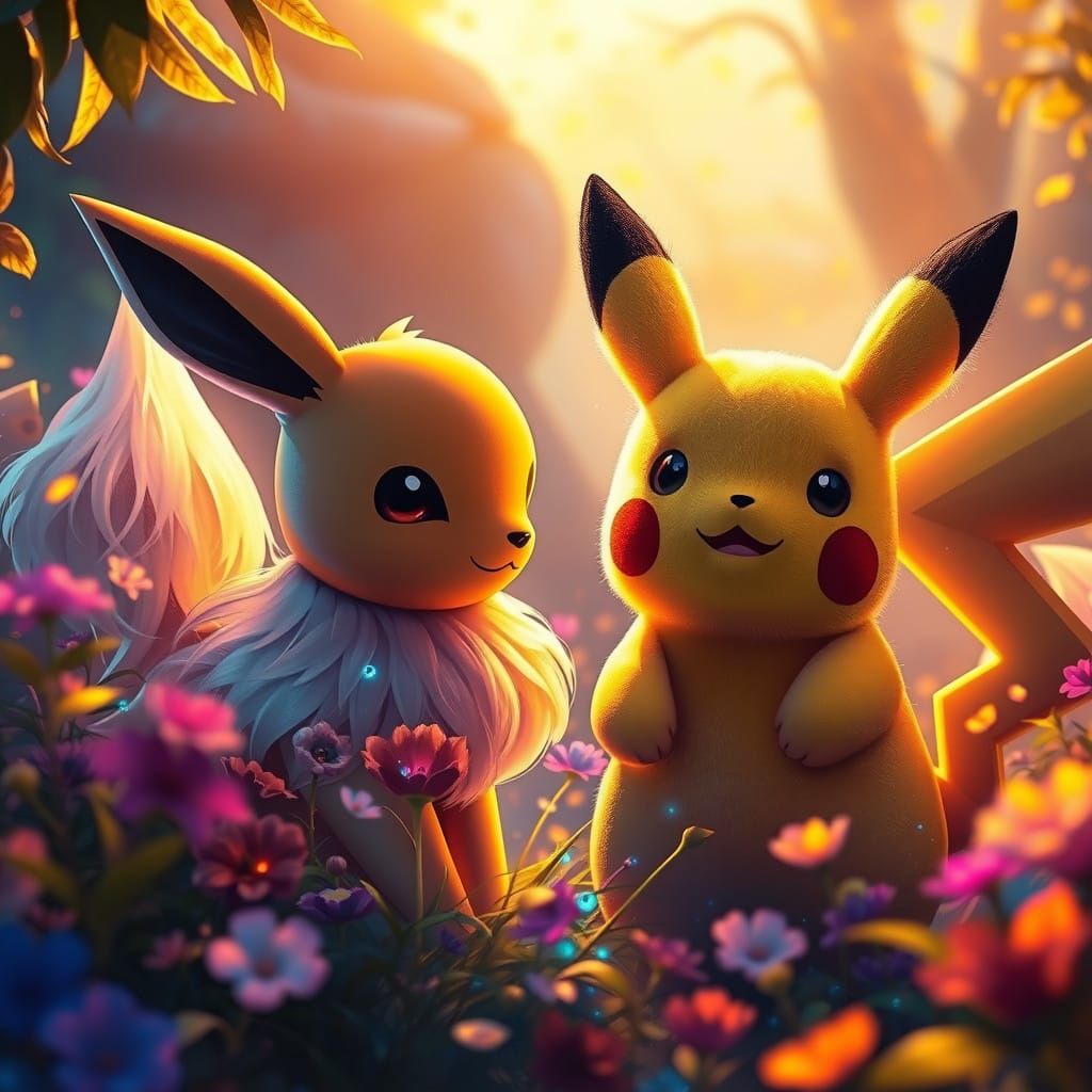 Surreal Eevee and Pikachu Dreamscape