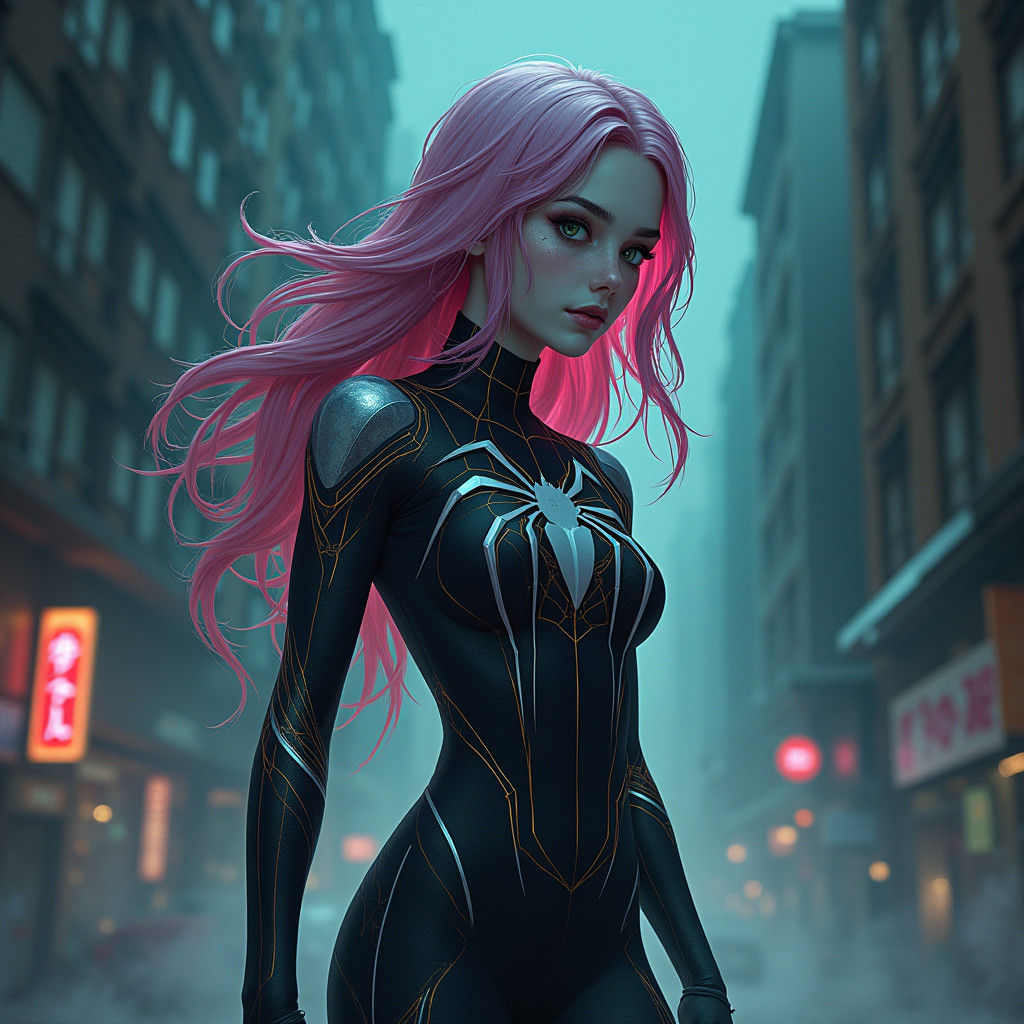 Spider-Gwen in Urban Landscape as Ink Wash Painting