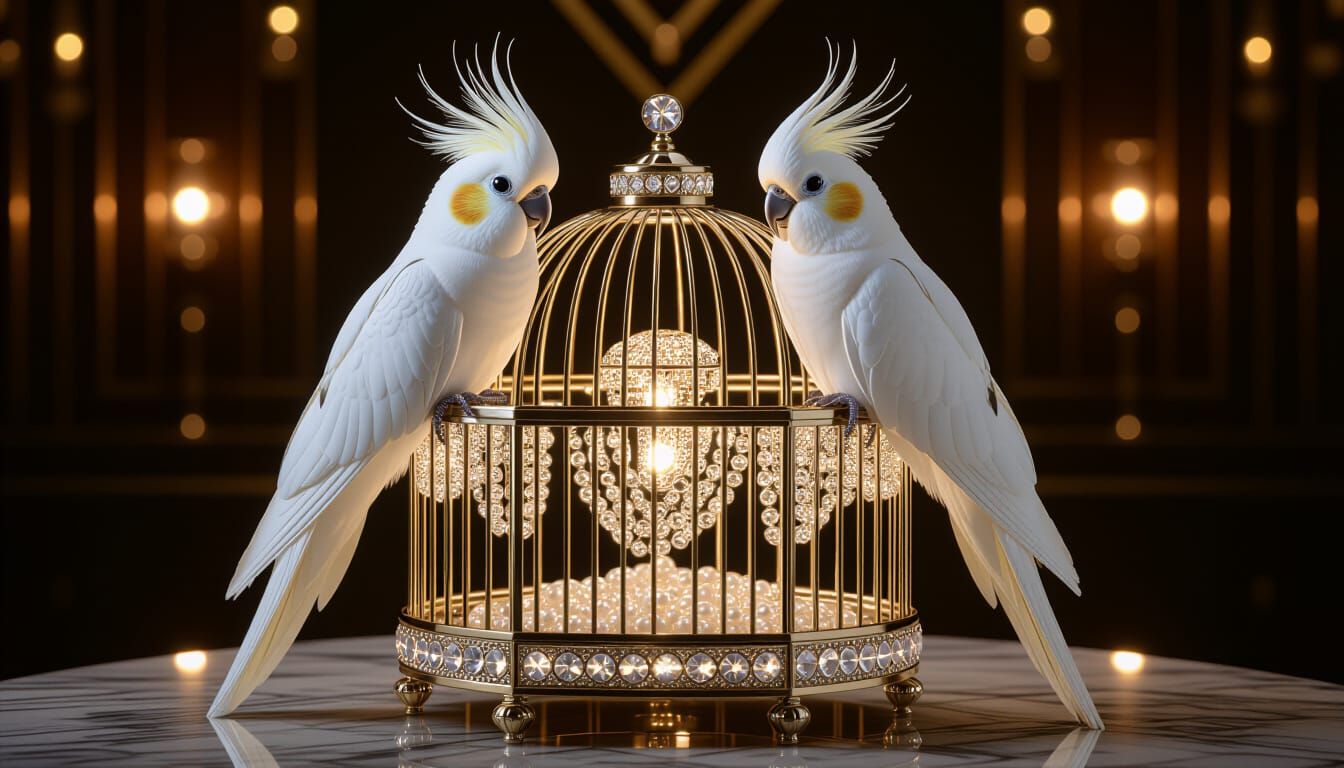 Art Deco Bird Cage with Cockatiels in Platinum and Diamonds