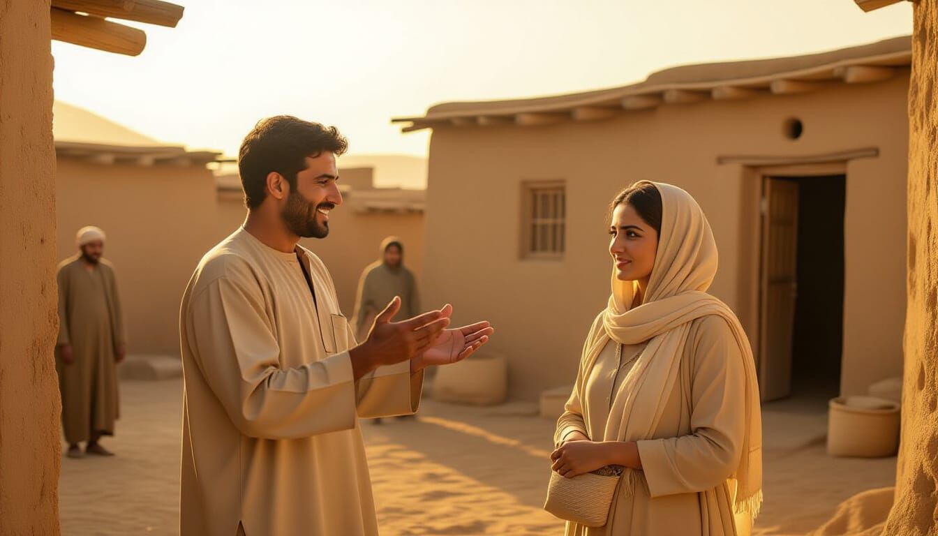 Man and Woman in Golden Sunset Village Scene