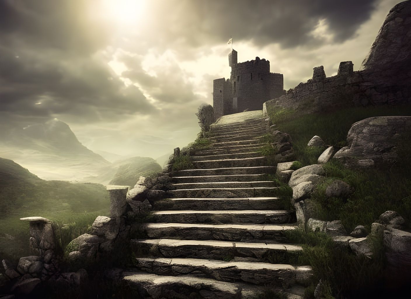 Ancient Stone Stairs to Mountain Castle