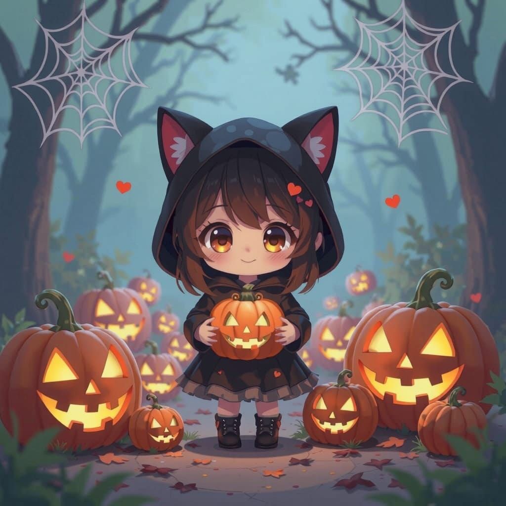 Cute Anime Halloween Character With Heart-Eyed Pumpkins