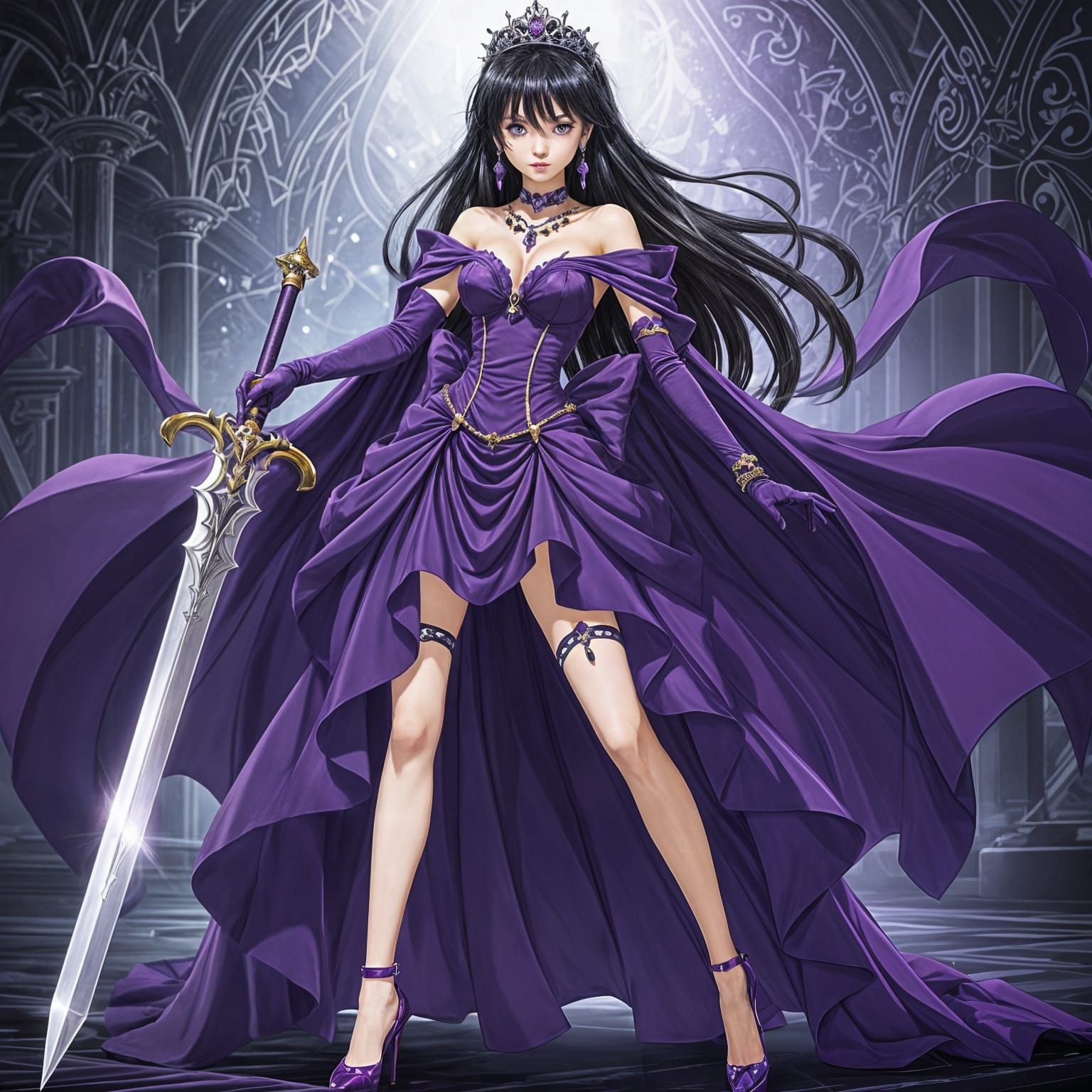Anime Villainess in Purple Dress with Majestic Sword