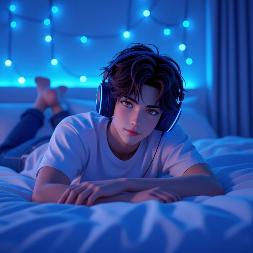 Young Man with Headphones in Blue LED Room
