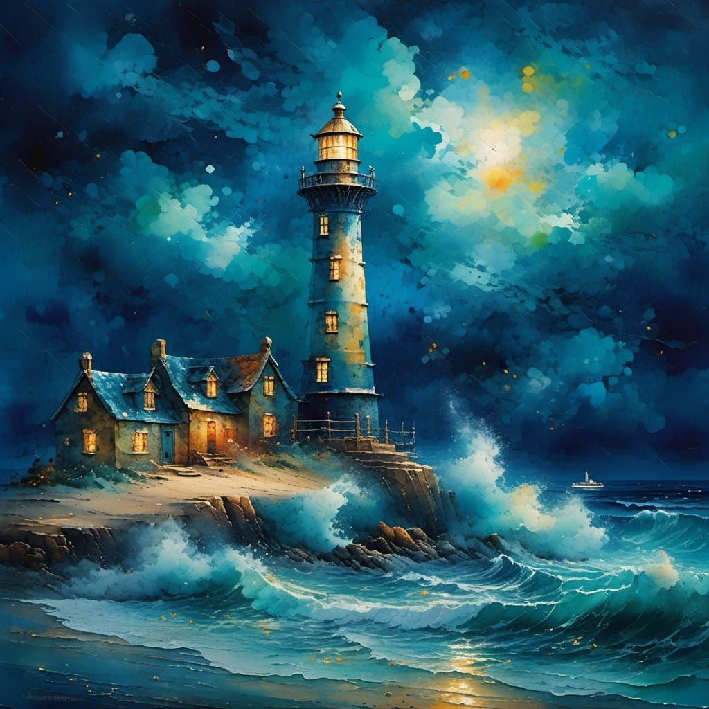 Lighthouse in Storm: Art Deco Impasto Watercolour
