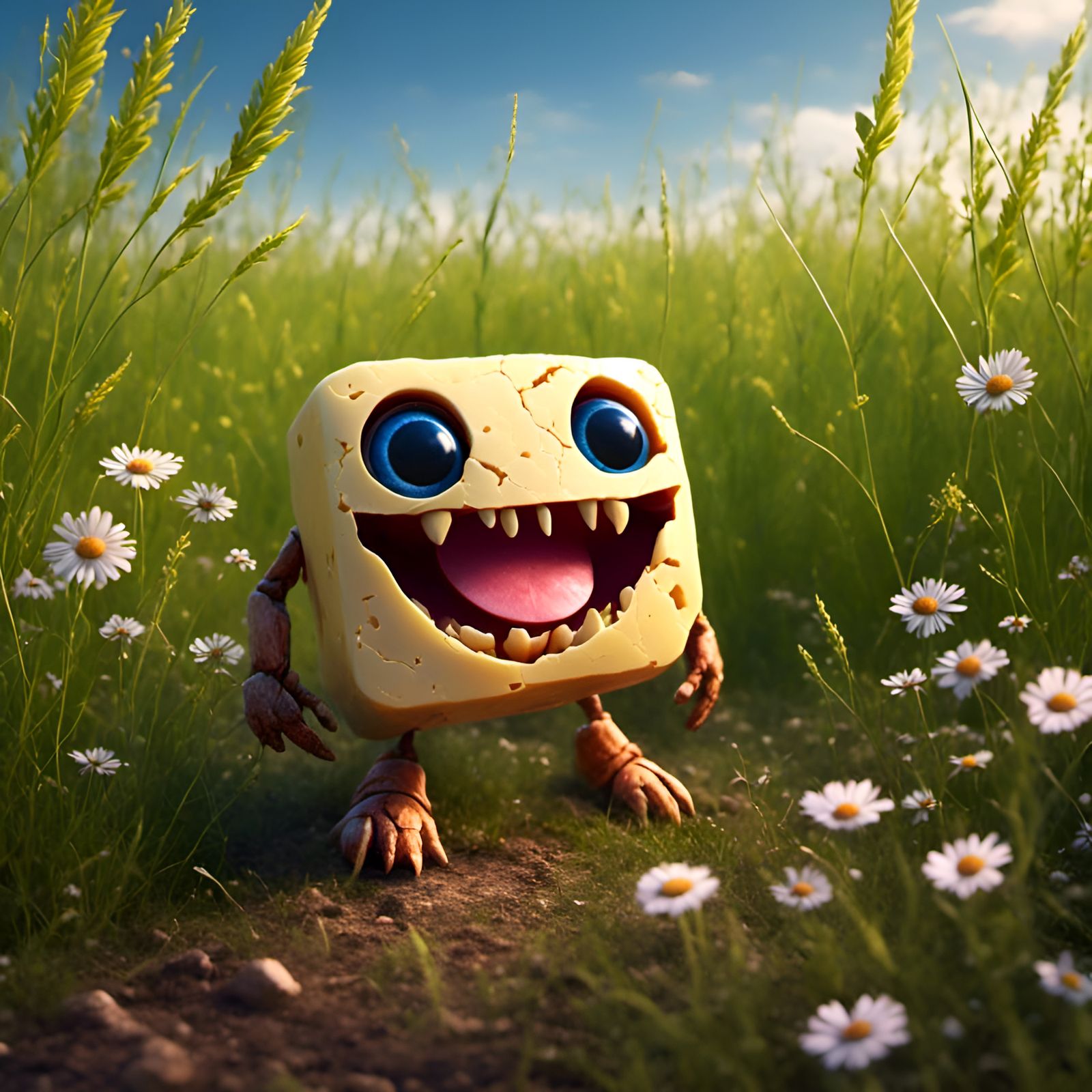 Cute Butter Cube Creature in Sunny Field