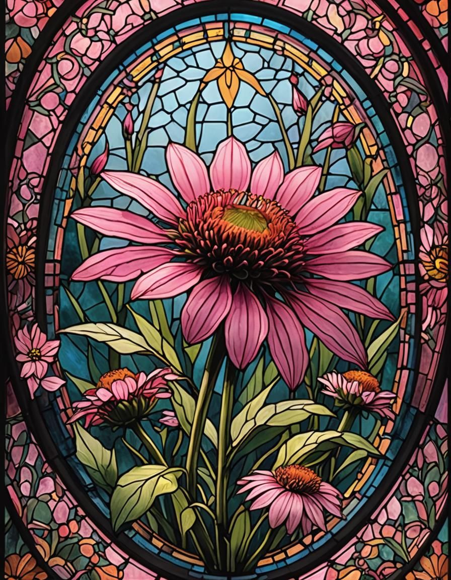 Pink Coneflower in Stained Glass: Digital Matte Painting