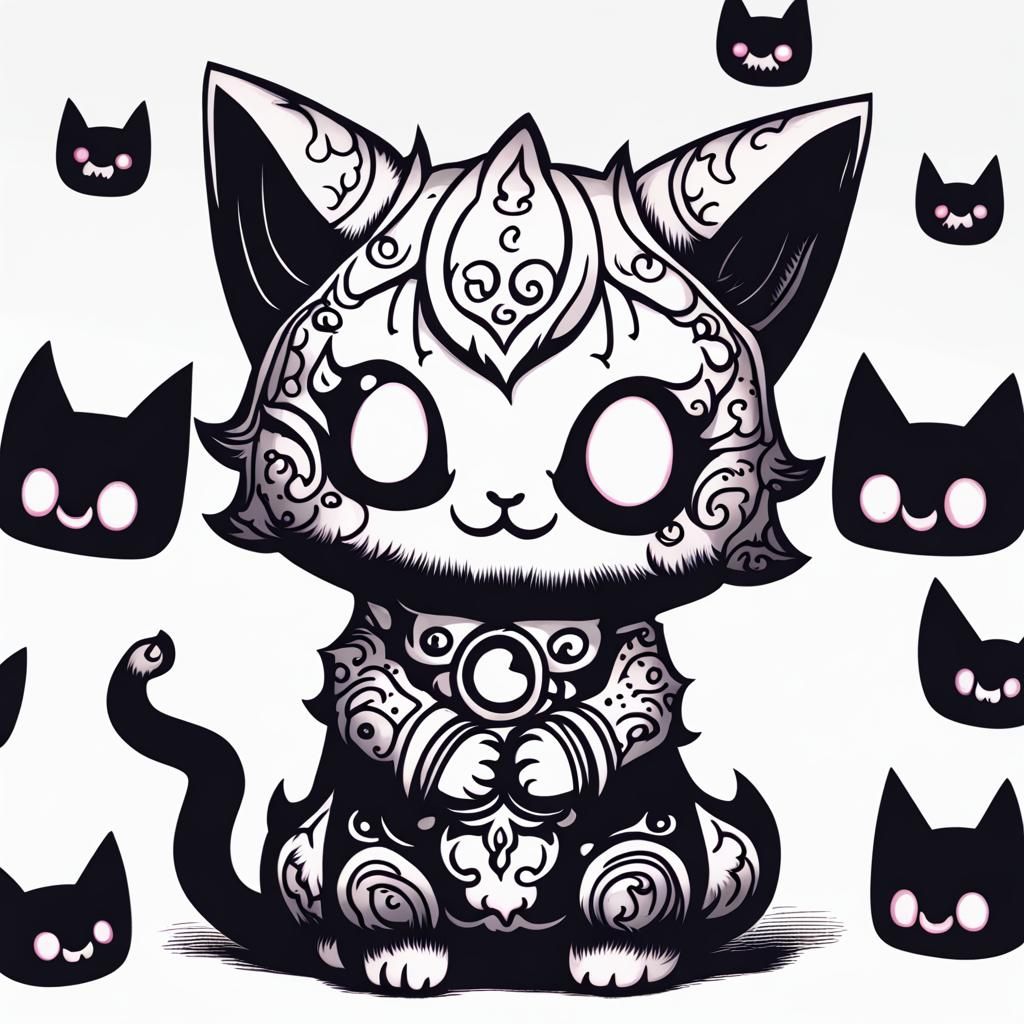 Inky Kawaii Demon Kitten Illustration