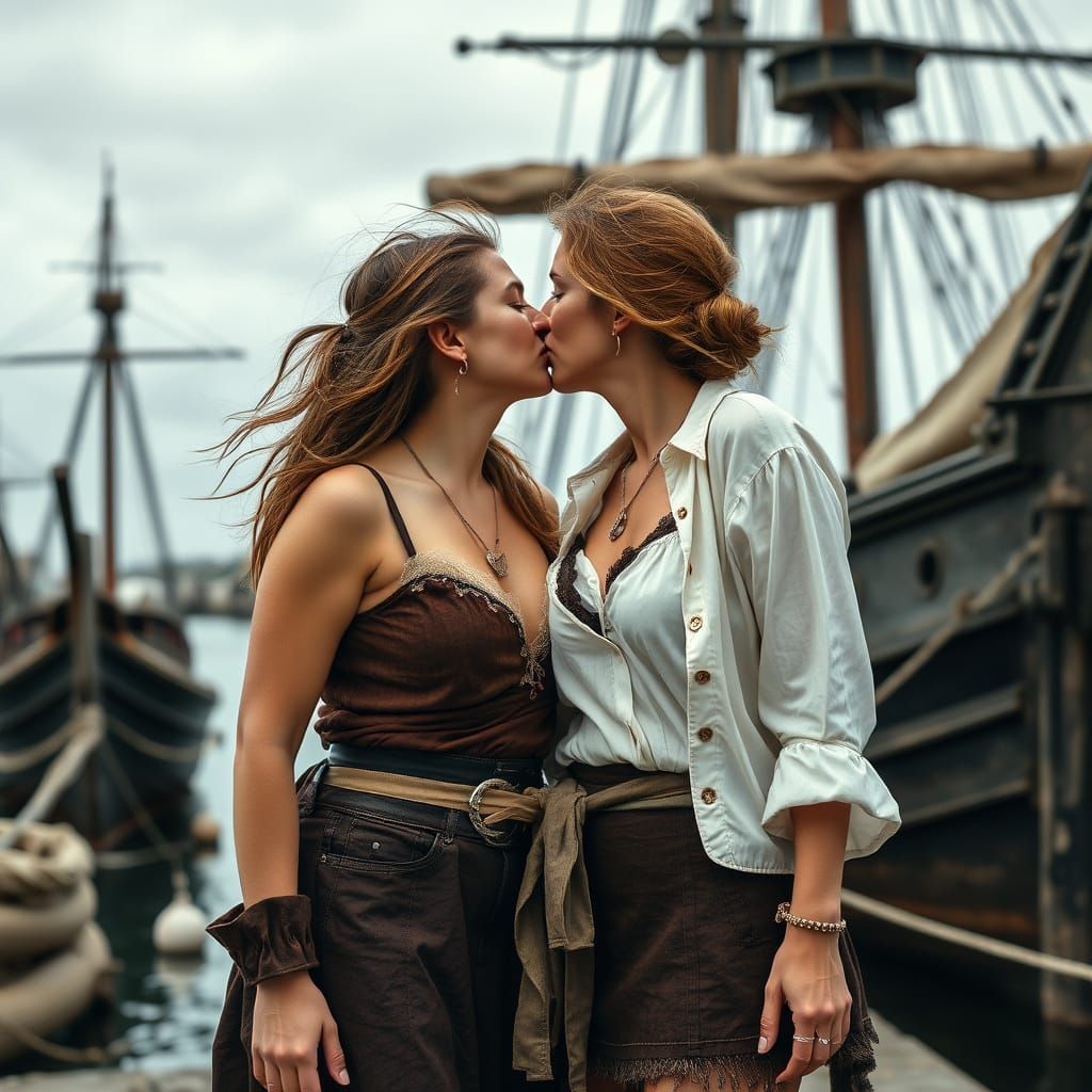 Two Pirate Women Kissing in Abandoned Shipyard