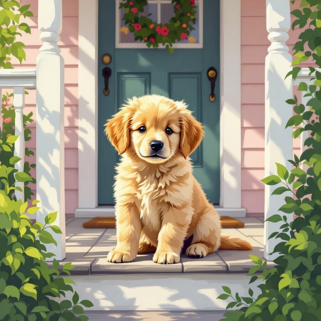 Golden Retriever Puppy on Pink Victorian Porch in Summer