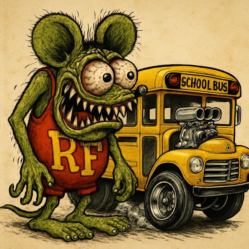 Grotesque Rat Fink Monster with Hotrod School Bus