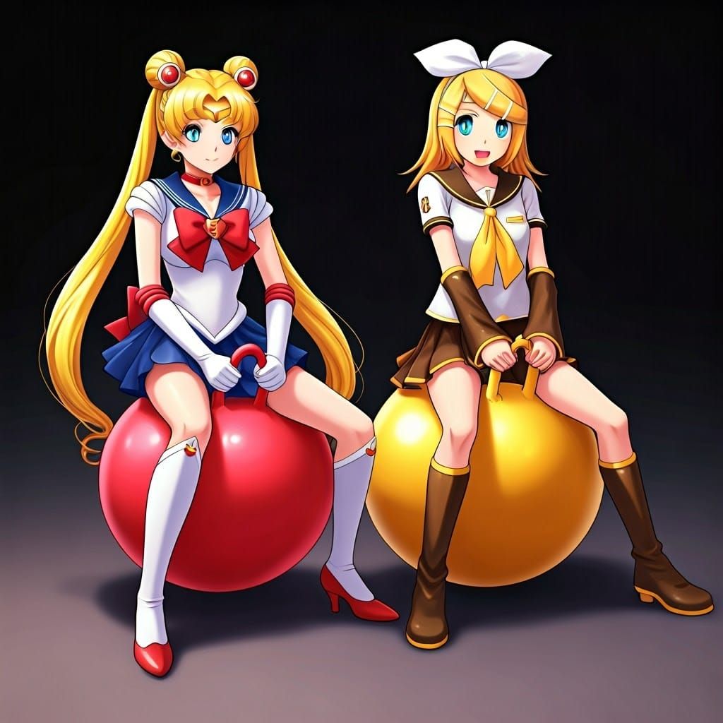 Sailor Moon and Kagamine Rin Playful on Hopper Balls