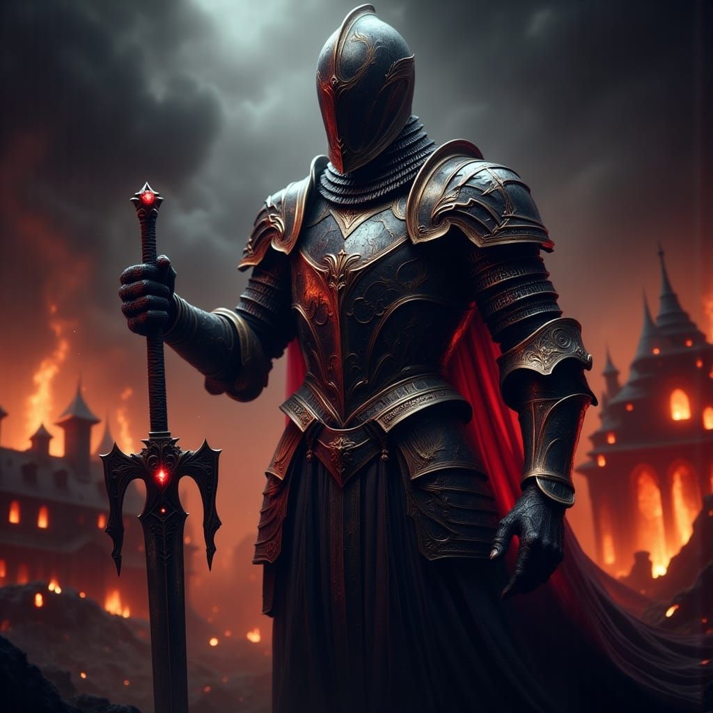 Morbid Knight Amidst Burning Village