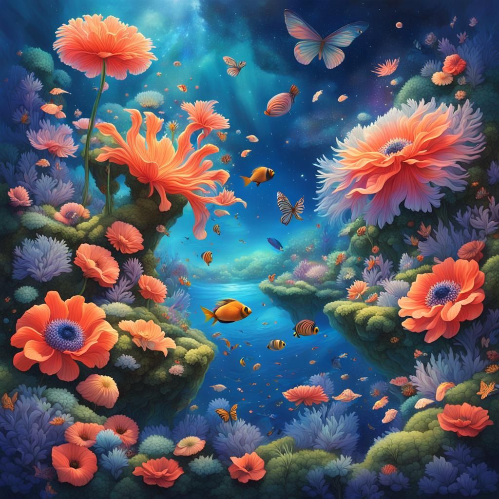 Floating Islands: Giant Flowers in Dreamy Sky