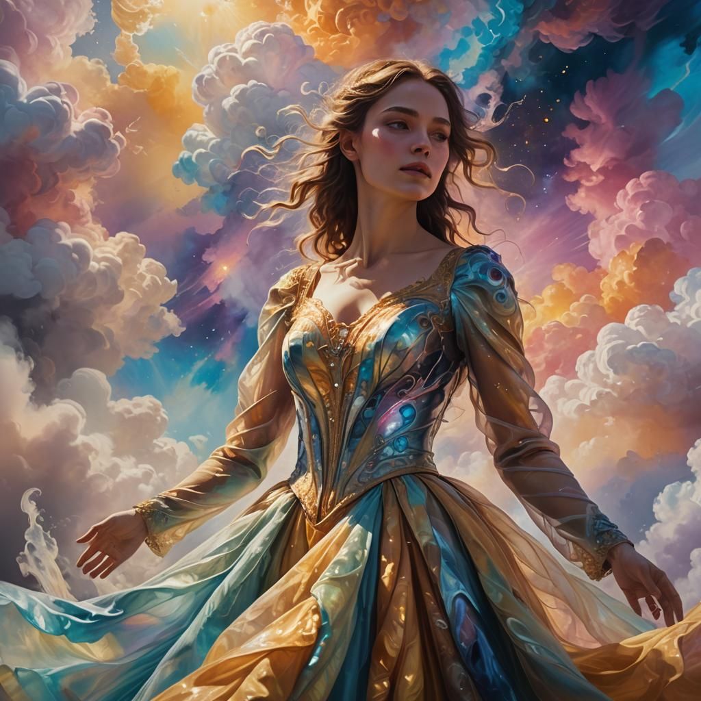 Mystical Being in Iridescent Gown, Surreal Oil Painting