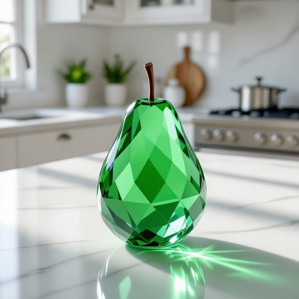 Emerald Crystal Pear on Marble Table, Photorealistic