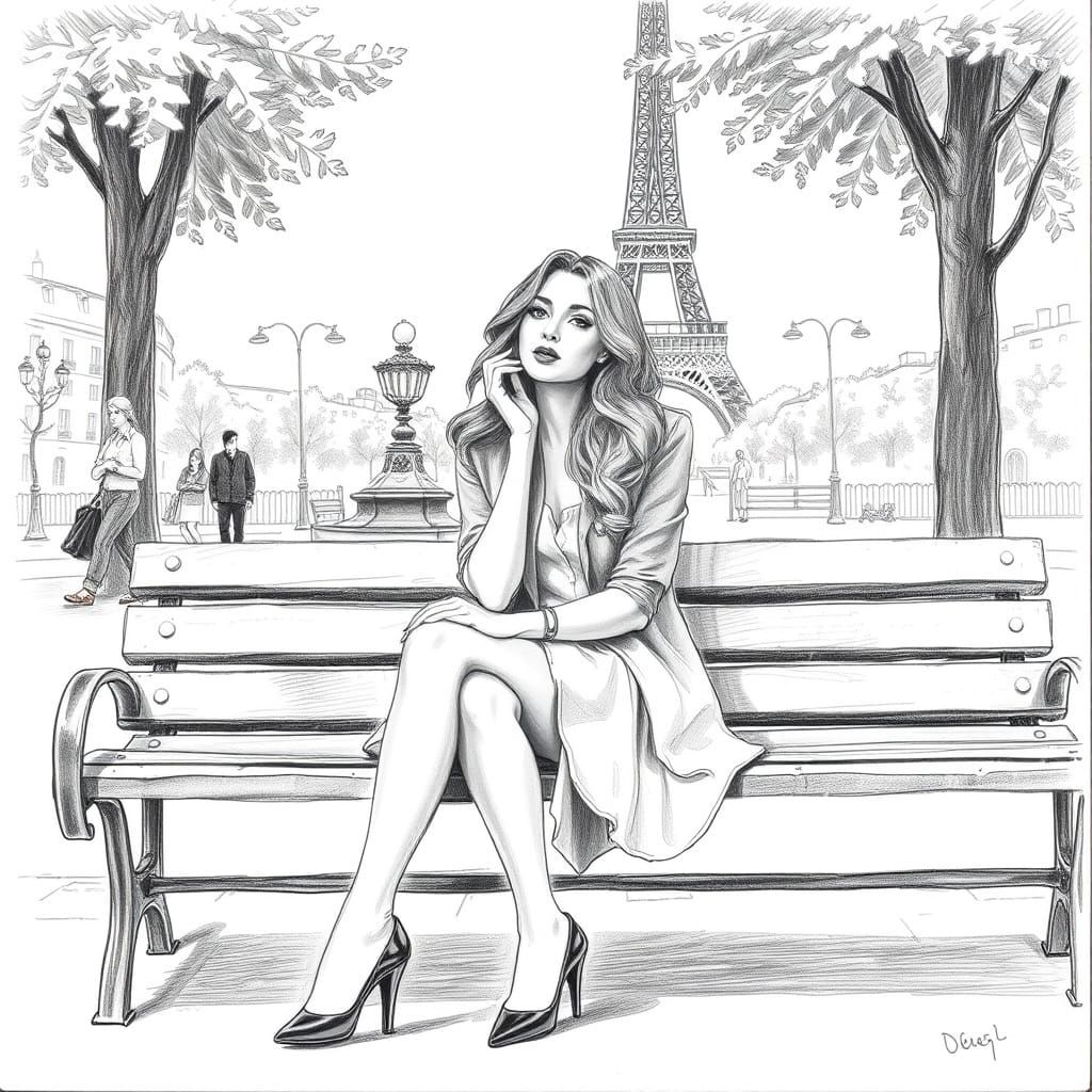 Elegant Woman in Paris Park: Pencil Sketch