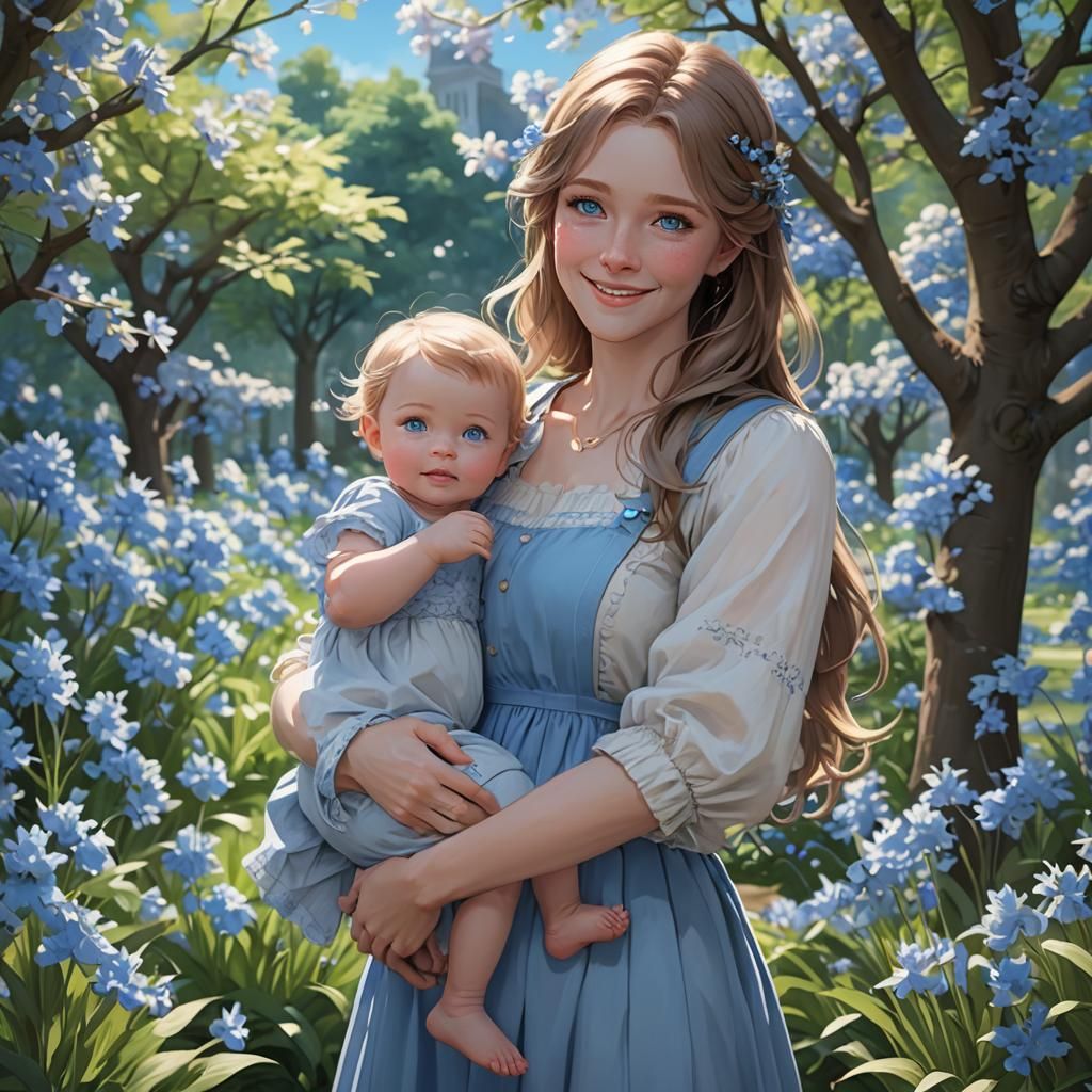 Anime Style Mother and Baby in Bluebell Garden