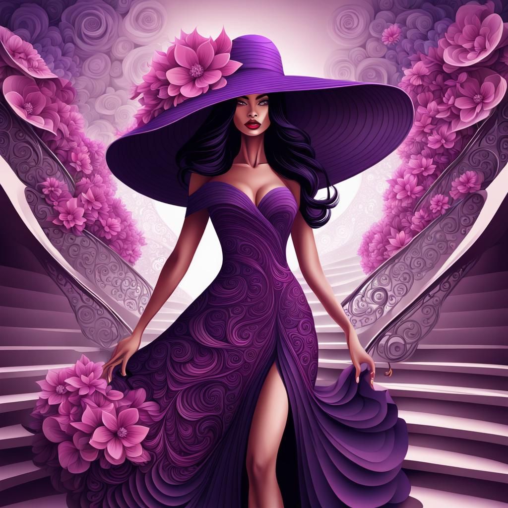 Woman in Purple Hat with Flowers, Abstract Rendering