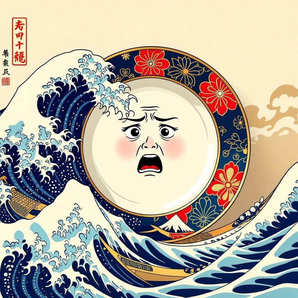 Scared Dinner Plate in Ukiyo-e Japanese Woodblock Style