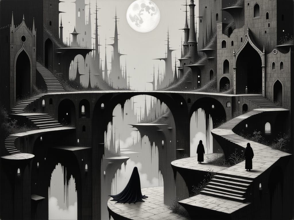 Ethereal Black and White Escher-Inspired Cityscape with Lost...