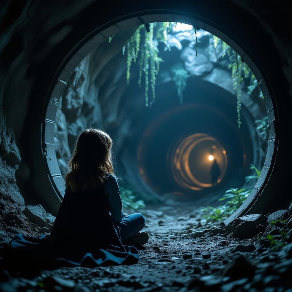 Scared Young Girl Alone in Batcave, Cinematic