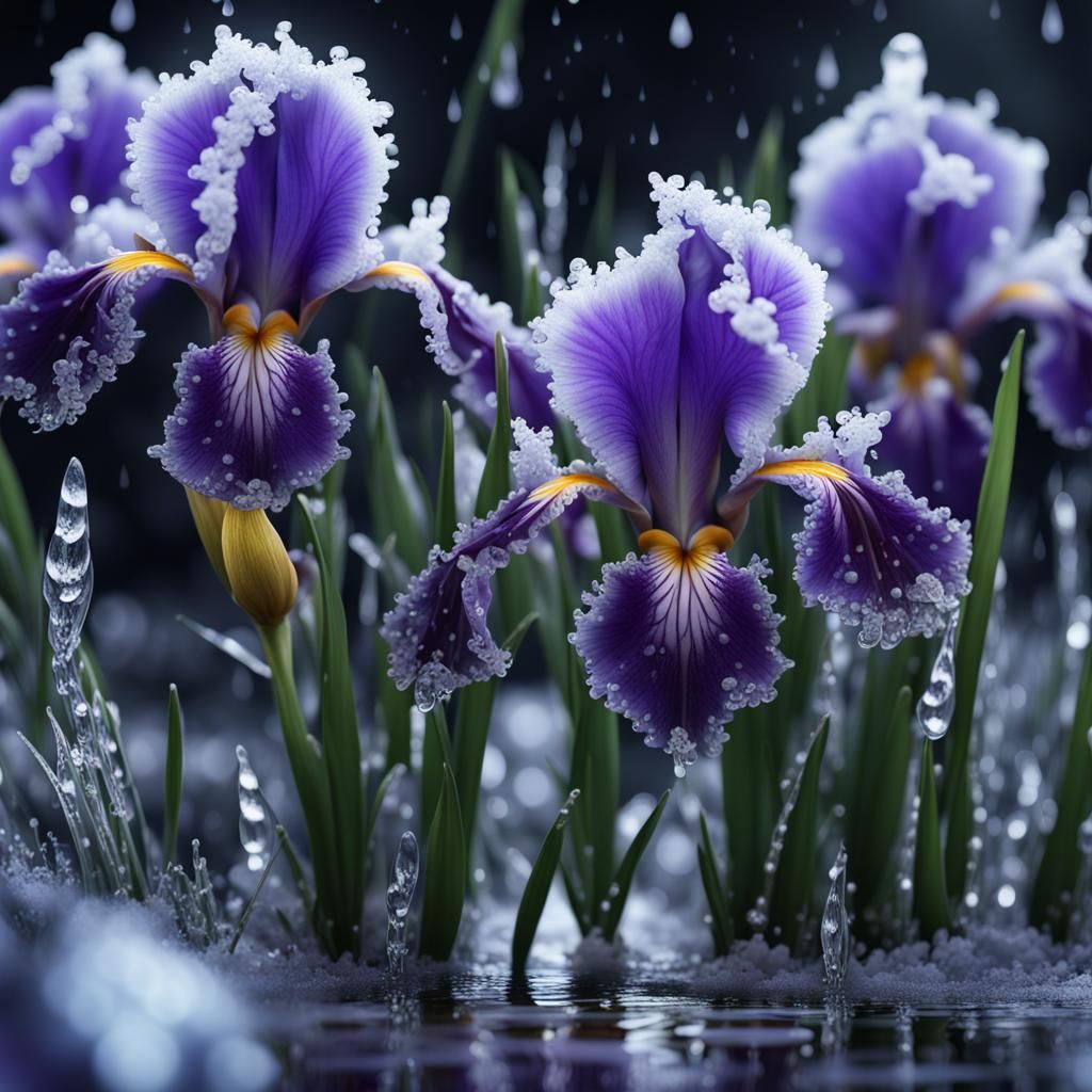 Violet Irises with Snowflakes in Macro Detail