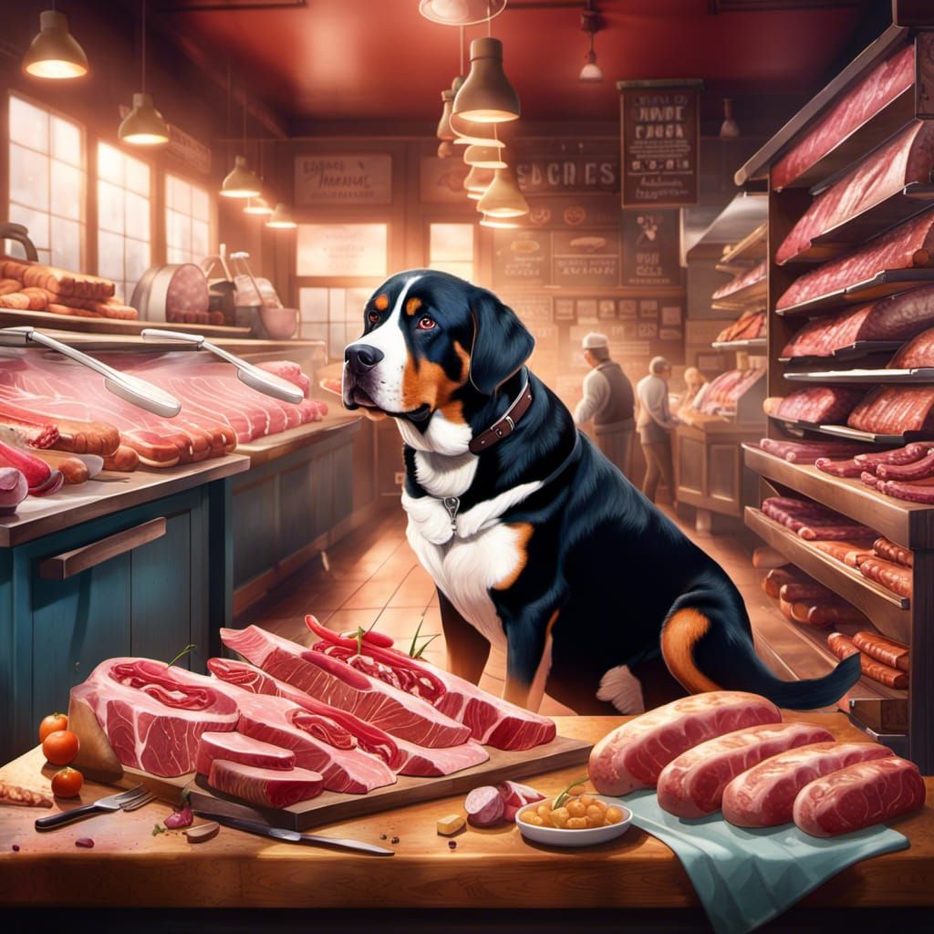 Swiss Mountain Dog in a Meat Shop