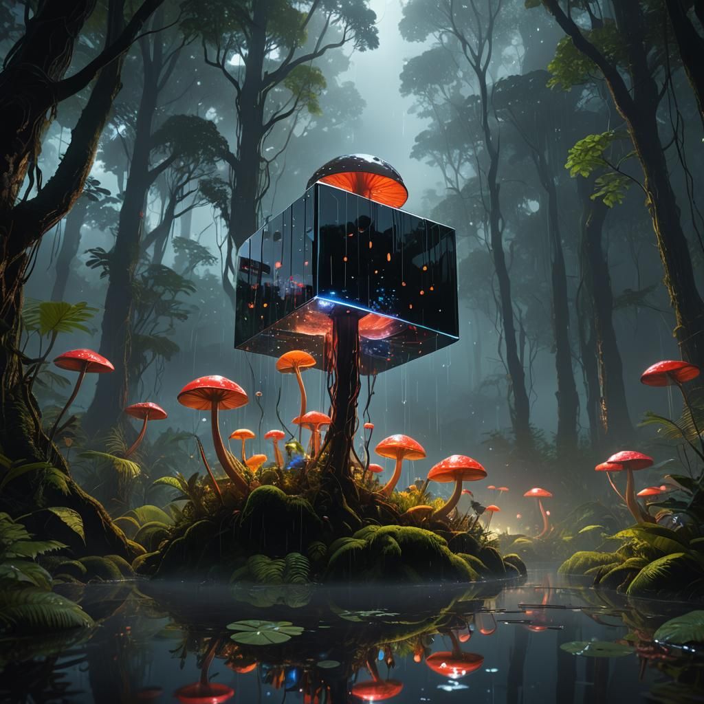 Floating Glass Cube in Luminescent Rainforest