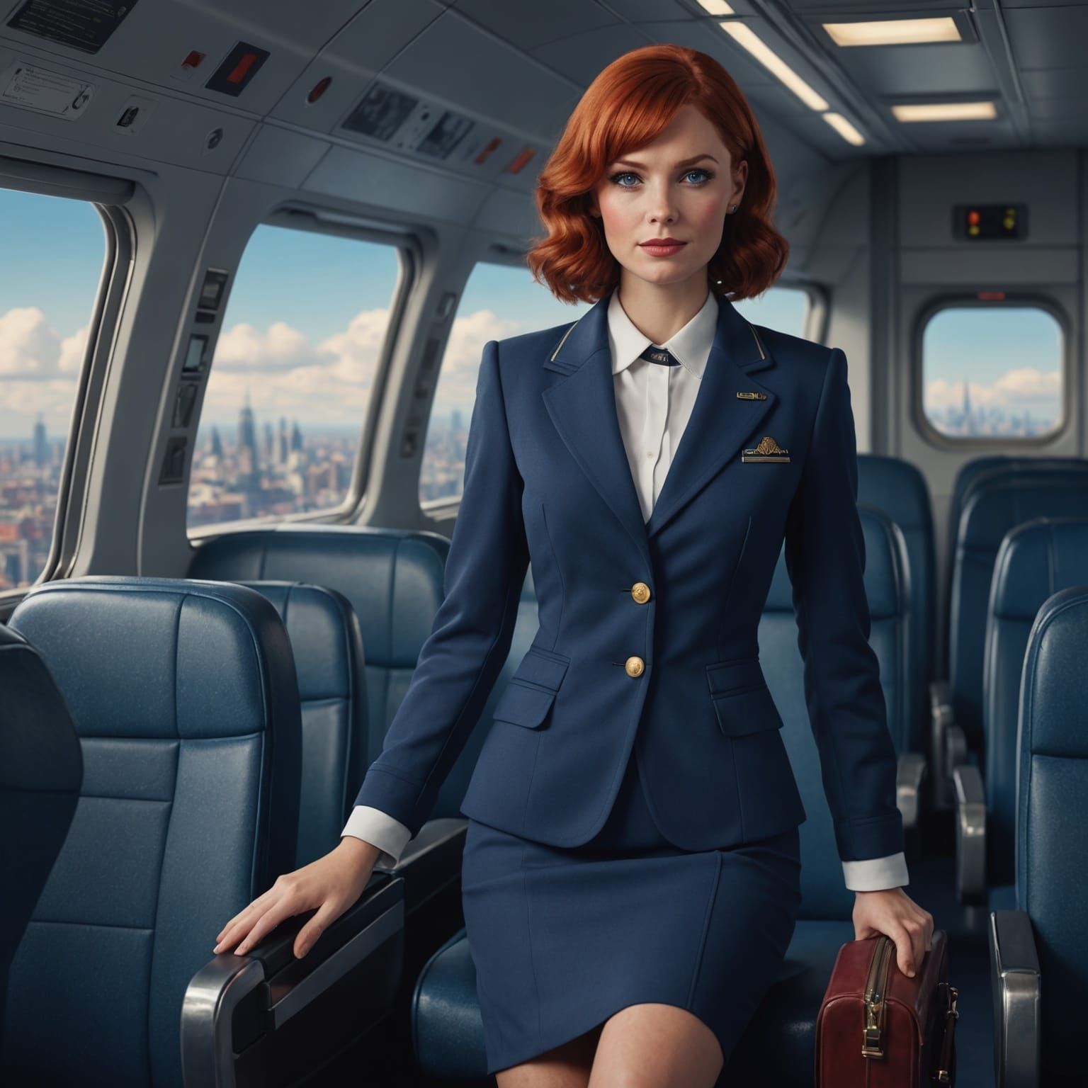 Young Stewardess Checking On Passengers: Detailed Digital Ar...