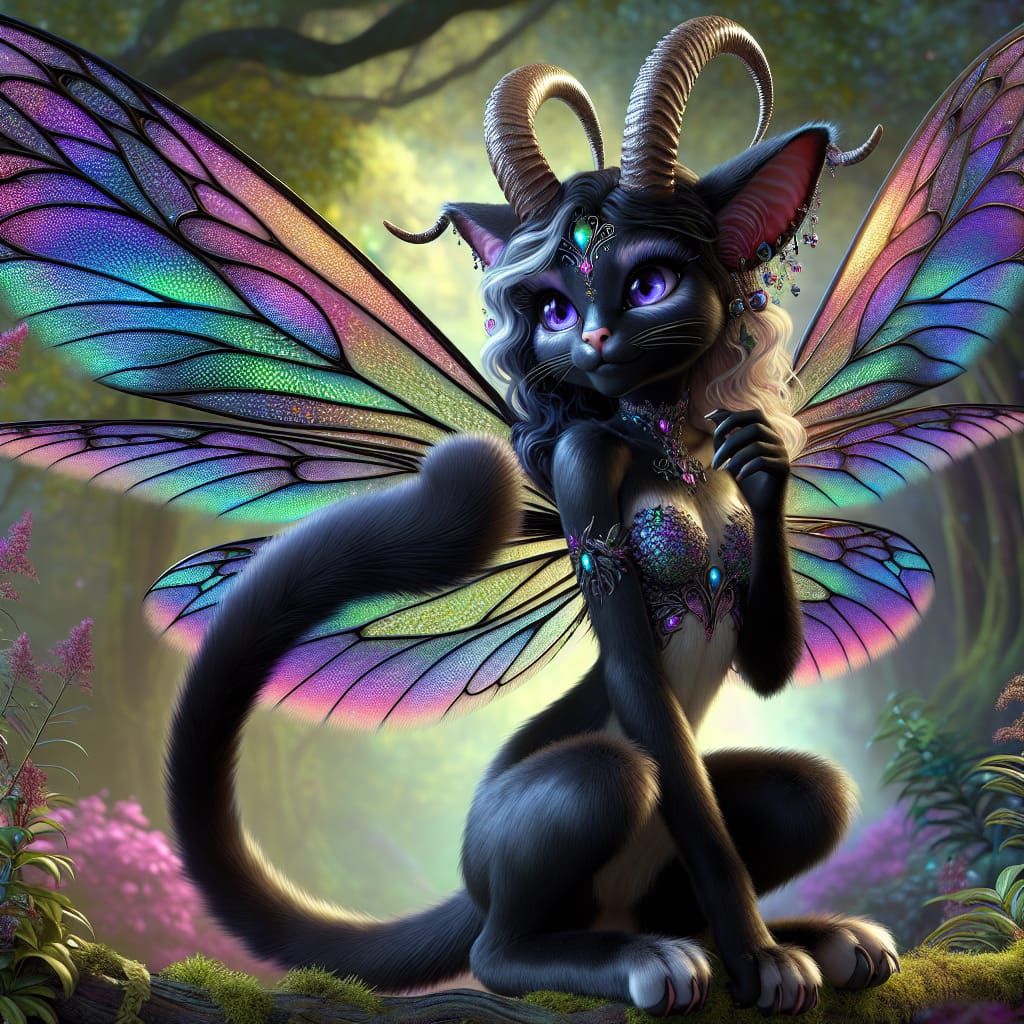 a beautiful and ethereal female anthropomorphic black cat fairy
