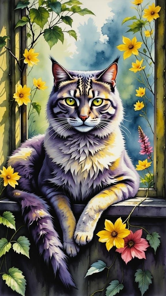 Majestic Cat in Watercolor Window Garden
