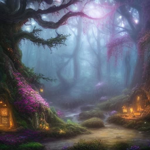 Enchanted Fairyland: Gigantic Tree Under Indigo Sky